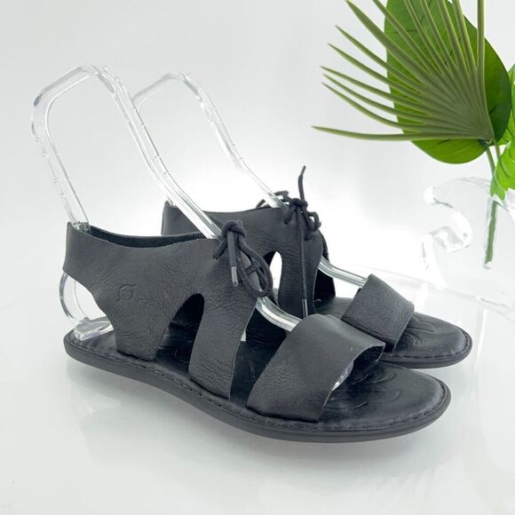 Born Womens Sandal Size 9 Black Leather Flat Ankle Lace Up Gladiator Open Toe - Picture 1 of 14